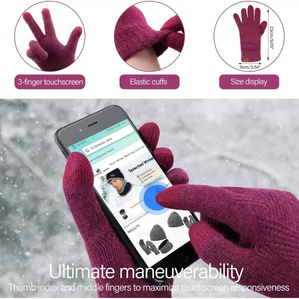 Womens Winter Warm Knit Beanie Hat Long Scarf Touchscreen Gloves Set with Fleece Lined Pom Skull Cap Gifts for WomenErose Red