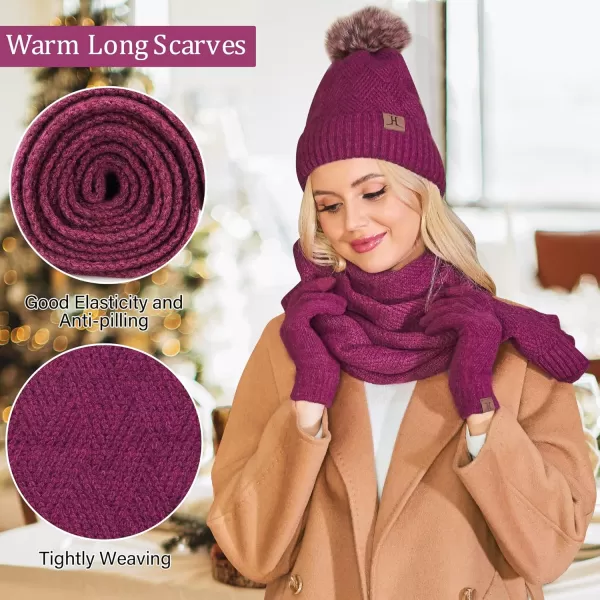 Womens Winter Warm Knit Beanie Hat Long Scarf Touchscreen Gloves Set with Fleece Lined Pom Skull Cap Gifts for WomenErose Red