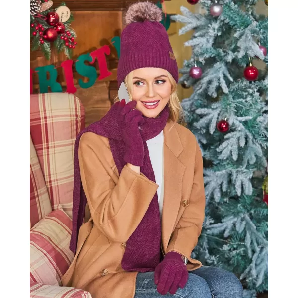 Womens Winter Warm Knit Beanie Hat Long Scarf Touchscreen Gloves Set with Fleece Lined Pom Skull Cap Gifts for WomenErose Red