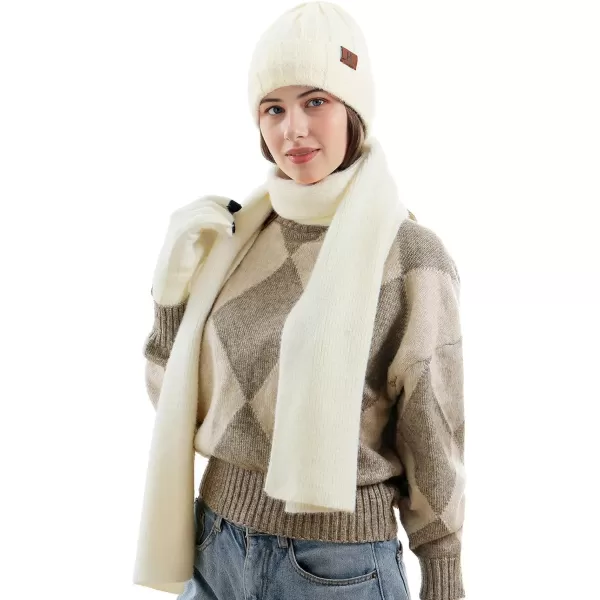 Womens Winter Warm Knit Beanie Hat Touchscreen Gloves Long Neck Scarf Set with Fleece Lined Skull Caps Gifts for Women Men White