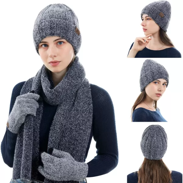 Womens Winter Warm Knit Beanie Hat Touchscreen Gloves Long Neck Scarf Set with Fleece Lined Skull Caps Gifts for Women MenDark Blue