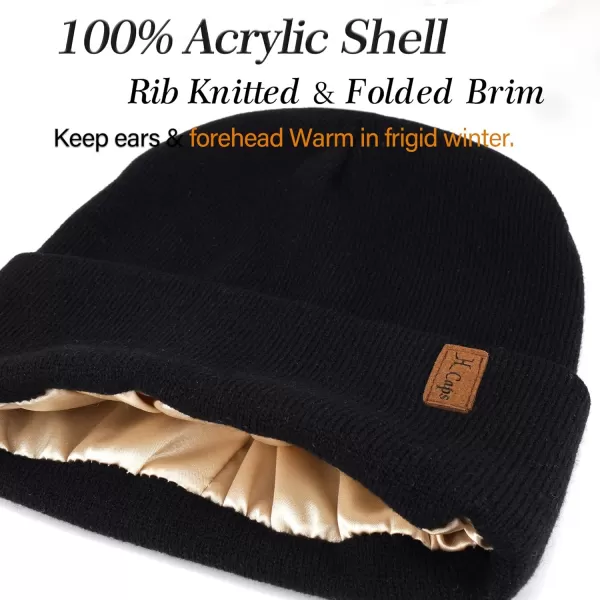 Womens Winter Warm Satin Lined Knit Beanie Hat Slouchy Skull Caps Silk Lining Ski Hats for Women MenBlack