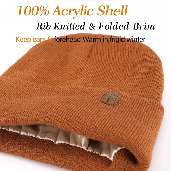 Womens Winter Warm Satin Lined Knit Beanie Hat Slouchy Skull Caps Silk Lining Ski Hats for Women MenDark Orange