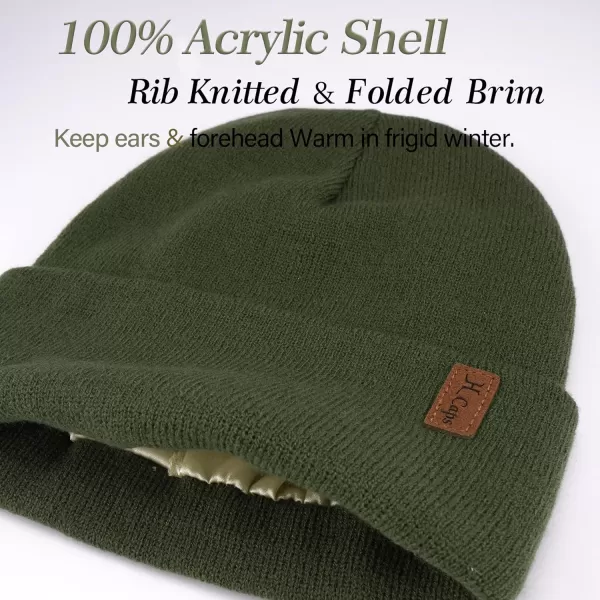 Womens Winter Warm Satin Lined Knit Beanie Hat Slouchy Skull Caps Silk Lining Ski Hats for Women MenGreen