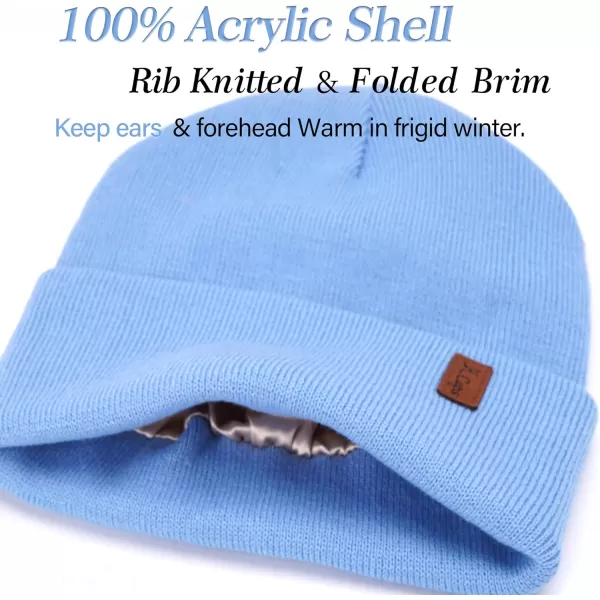 Womens Winter Warm Satin Lined Knit Beanie Hat Slouchy Skull Caps Silk Lining Ski Hats for Women MenLight Blue