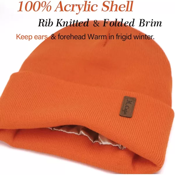 Womens Winter Warm Satin Lined Knit Beanie Hat Slouchy Skull Caps Silk Lining Ski Hats for Women MenOrange