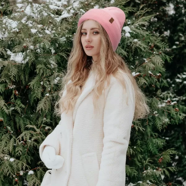 Womens Winter Warm Satin Lined Knit Beanie Hat Slouchy Skull Caps Silk Lining Ski Hats for Women MenPink