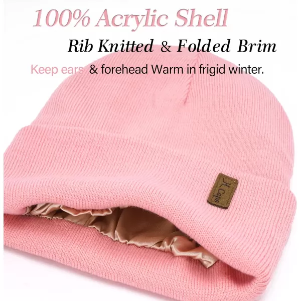 Womens Winter Warm Satin Lined Knit Beanie Hat Slouchy Skull Caps Silk Lining Ski Hats for Women MenPink