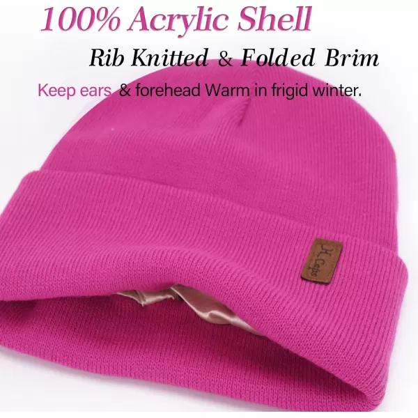 Womens Winter Warm Satin Lined Knit Beanie Hat Slouchy Skull Caps Silk Lining Ski Hats for Women MenRose Red