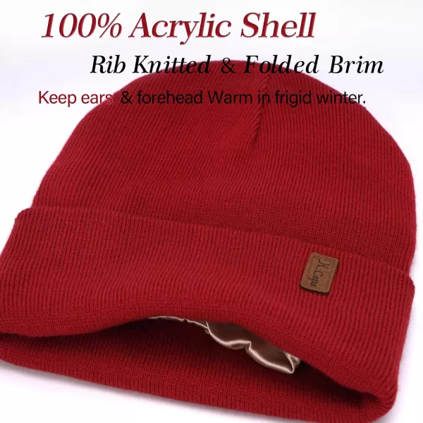 Womens Winter Warm Satin Lined Knit Beanie Hat Slouchy Skull Caps Silk Lining Ski Hats for Women MenWine Red