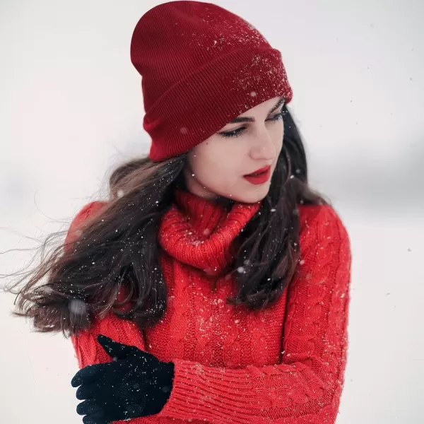 Womens Winter Warm Satin Lined Knit Beanie Hat Slouchy Skull Caps Silk Lining Ski Hats for Women MenWine Red