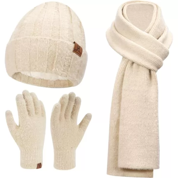 FZ FANTASTIC ZONE Womens Winter Warm Knit Beanie Hats and Touchscreen Gloves Long Scarf Sets with Sequins Thick Fleece LinedBeige