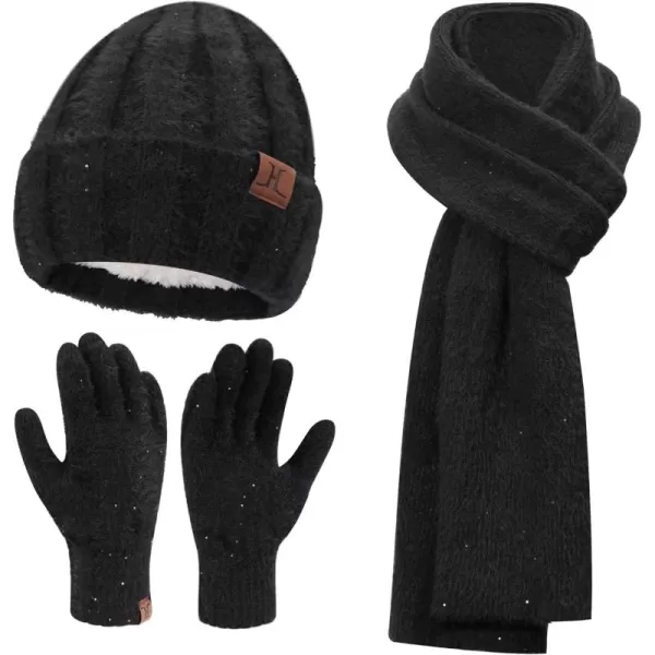 FZ FANTASTIC ZONE Womens Winter Warm Knit Beanie Hats and Touchscreen Gloves Long Scarf Sets with Sequins Thick Fleece LinedBlack