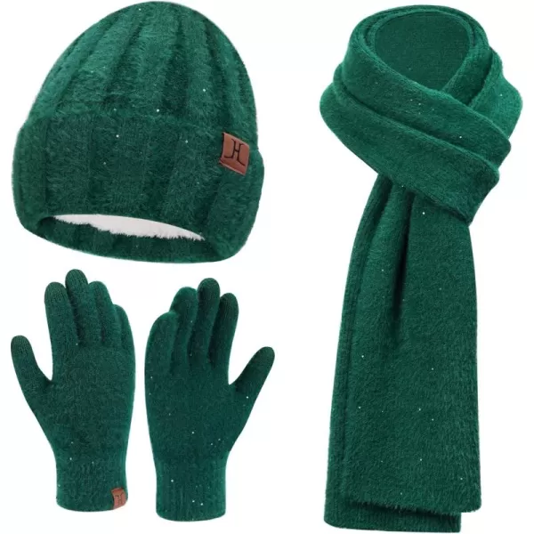 FZ FANTASTIC ZONE Womens Winter Warm Knit Beanie Hats and Touchscreen Gloves Long Scarf Sets with Sequins Thick Fleece LinedDark Green