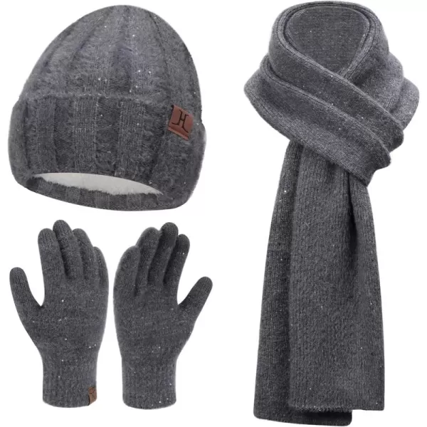 FZ FANTASTIC ZONE Womens Winter Warm Knit Beanie Hats and Touchscreen Gloves Long Scarf Sets with Sequins Thick Fleece LinedDark Grey
