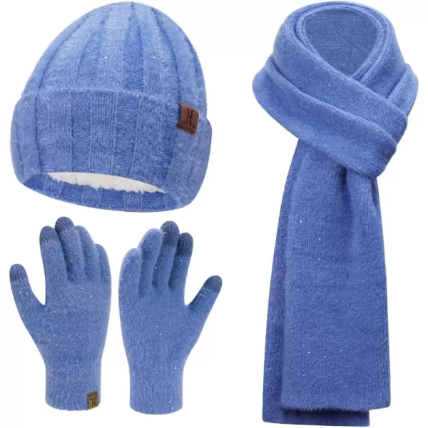 FZ FANTASTIC ZONE Womens Winter Warm Knit Beanie Hats and Touchscreen Gloves Long Scarf Sets with Sequins Thick Fleece LinedDenim Blue