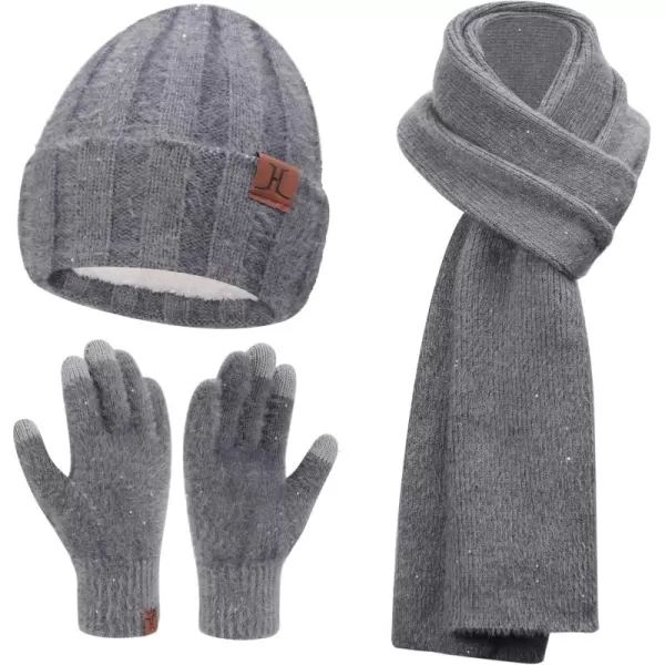 FZ FANTASTIC ZONE Womens Winter Warm Knit Beanie Hats and Touchscreen Gloves Long Scarf Sets with Sequins Thick Fleece LinedGrey