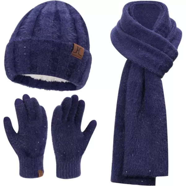 FZ FANTASTIC ZONE Womens Winter Warm Knit Beanie Hats and Touchscreen Gloves Long Scarf Sets with Sequins Thick Fleece LinedNavy Blue