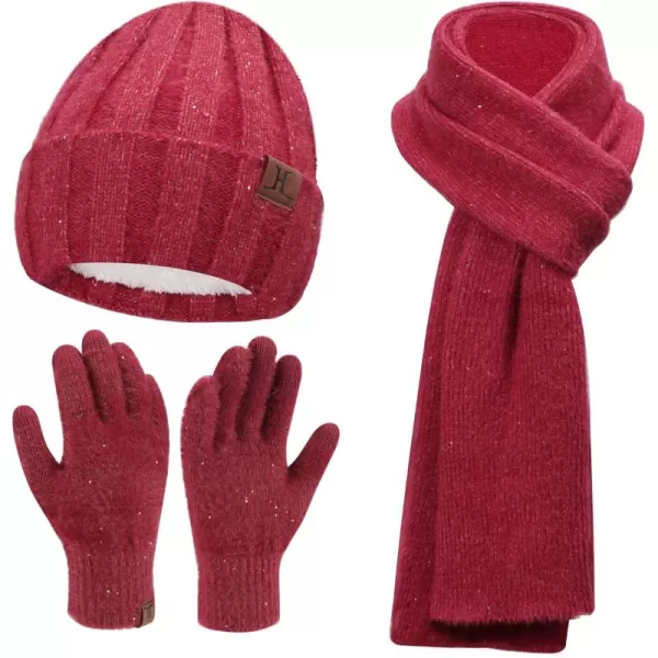 FZ FANTASTIC ZONE Womens Winter Warm Knit Beanie Hats and Touchscreen Gloves Long Scarf Sets with Sequins Thick Fleece LinedRed