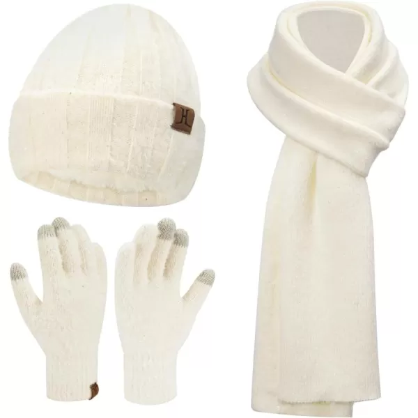 FZ FANTASTIC ZONE Womens Winter Warm Knit Beanie Hats and Touchscreen Gloves Long Scarf Sets with Sequins Thick Fleece LinedWhite