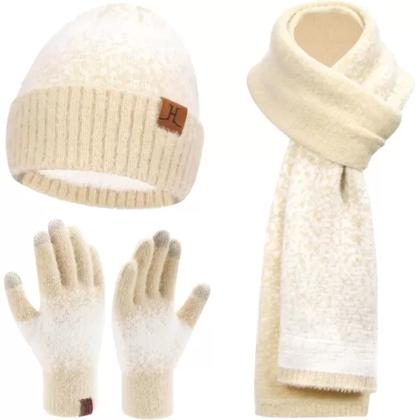 Womens Winter Knit Beanie Hats and Touchscreen Gloves Long Scarf Set with Warm Fleece Lined Skull Caps Scarves for WomenApricot White
