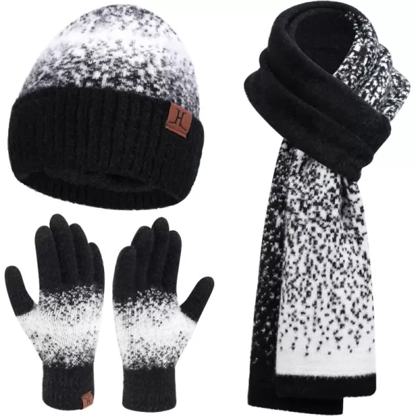 Womens Winter Knit Beanie Hats and Touchscreen Gloves Long Scarf Set with Warm Fleece Lined Skull Caps Scarves for WomenBlack White