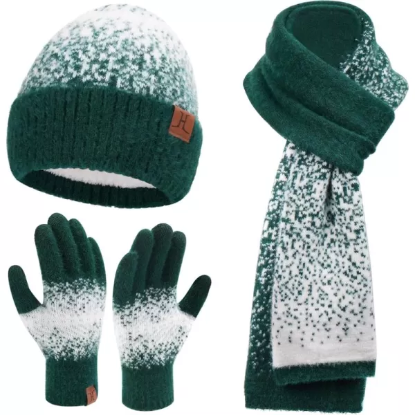 Womens Winter Knit Beanie Hats and Touchscreen Gloves Long Scarf Set with Warm Fleece Lined Skull Caps Scarves for WomenDark Green White