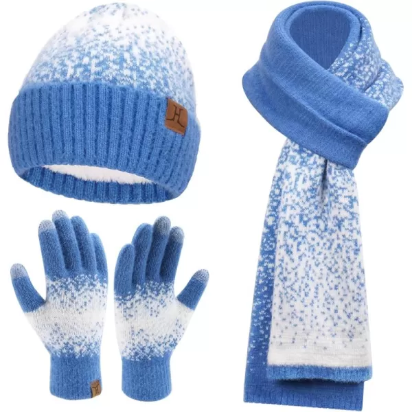 Womens Winter Knit Beanie Hats and Touchscreen Gloves Long Scarf Set with Warm Fleece Lined Skull Caps Scarves for WomenDenim Blue White