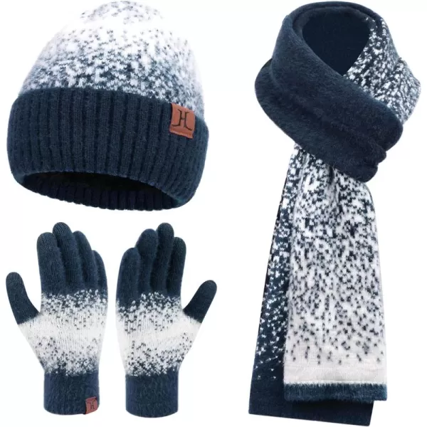 Womens Winter Knit Beanie Hats and Touchscreen Gloves Long Scarf Set with Warm Fleece Lined Skull Caps Scarves for WomenNavy Blue White