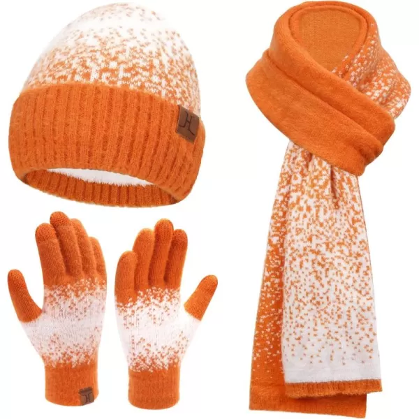 Womens Winter Knit Beanie Hats and Touchscreen Gloves Long Scarf Set with Warm Fleece Lined Skull Caps Scarves for WomenOrange White