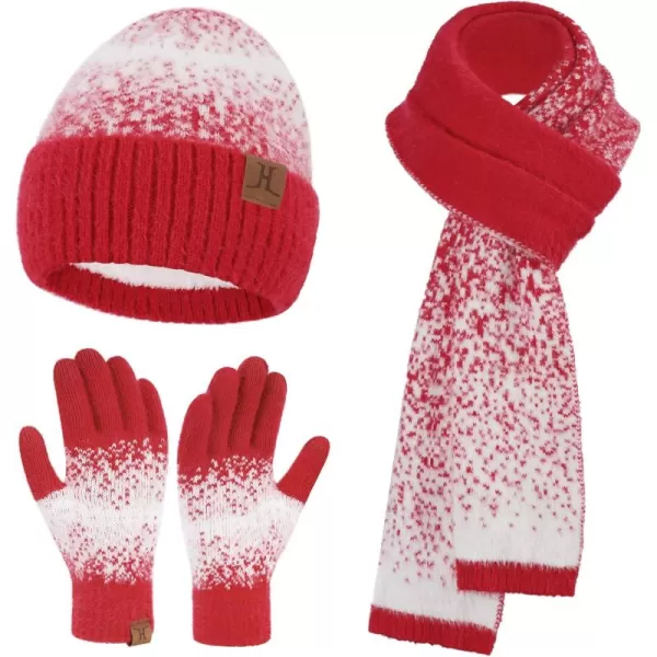 Womens Winter Knit Beanie Hats and Touchscreen Gloves Long Scarf Set with Warm Fleece Lined Skull Caps Scarves for WomenRed White