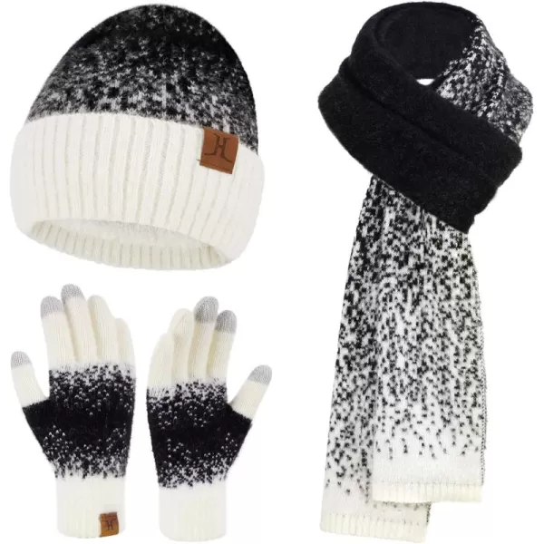 Womens Winter Knit Beanie Hats and Touchscreen Gloves Long Scarf Set with Warm Fleece Lined Skull Caps Scarves for WomenWhite Black