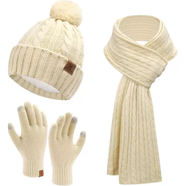 Womens Winter Warm Beanie Hat Touchscreen Gloves Long Scarf Set Ribbed Cable Knit with Fleece Lined Skull Pom CapsApricot