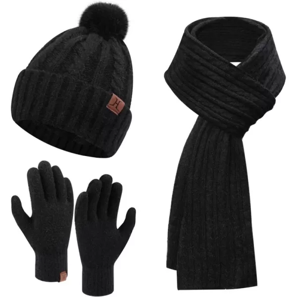 Womens Winter Warm Beanie Hat Touchscreen Gloves Long Scarf Set Ribbed Cable Knit with Fleece Lined Skull Pom CapsBlack