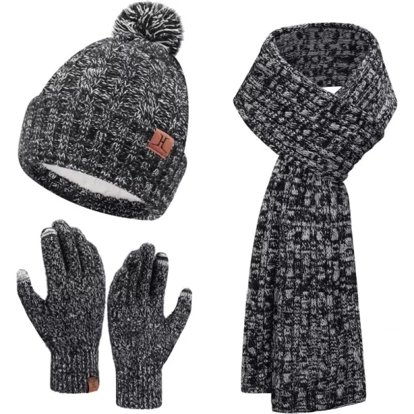 Womens Winter Warm Beanie Hat Touchscreen Gloves Long Scarf Set Ribbed Cable Knit with Fleece Lined Skull Pom CapsBlack White