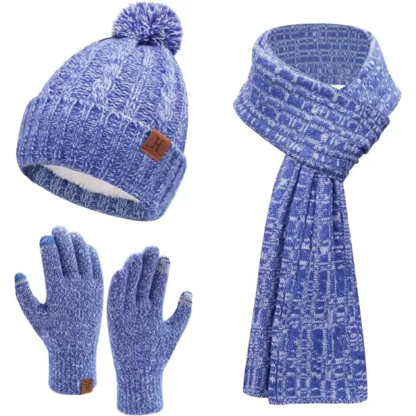 Womens Winter Warm Beanie Hat Touchscreen Gloves Long Scarf Set Ribbed Cable Knit with Fleece Lined Skull Pom CapsBlue White