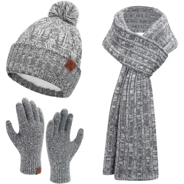 Womens Winter Warm Beanie Hat Touchscreen Gloves Long Scarf Set Ribbed Cable Knit with Fleece Lined Skull Pom CapsGrey White