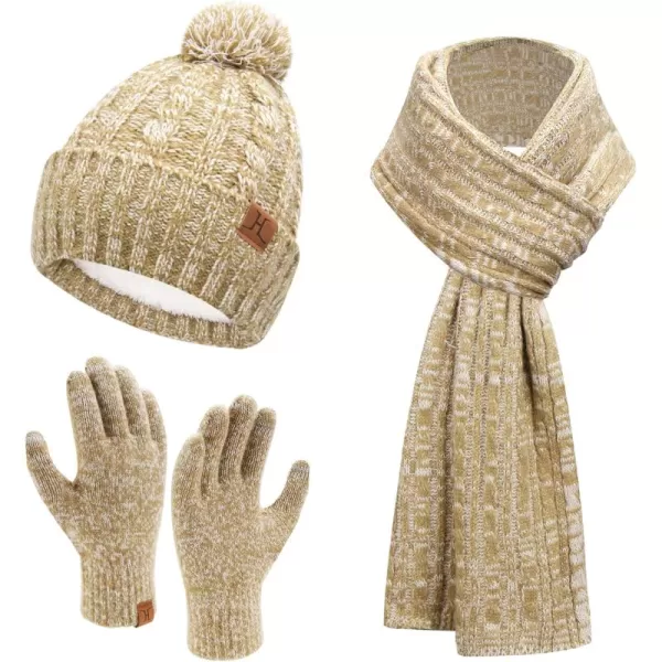 Womens Winter Warm Beanie Hat Touchscreen Gloves Long Scarf Set Ribbed Cable Knit with Fleece Lined Skull Pom CapsKhaki White