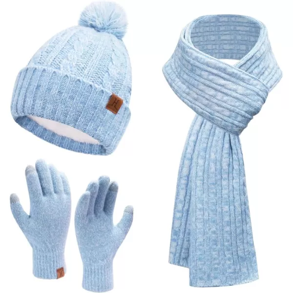 Womens Winter Warm Beanie Hat Touchscreen Gloves Long Scarf Set Ribbed Cable Knit with Fleece Lined Skull Pom CapsLight Blue White