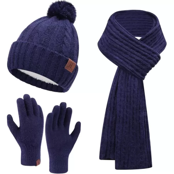 Womens Winter Warm Beanie Hat Touchscreen Gloves Long Scarf Set Ribbed Cable Knit with Fleece Lined Skull Pom CapsNavy Blue
