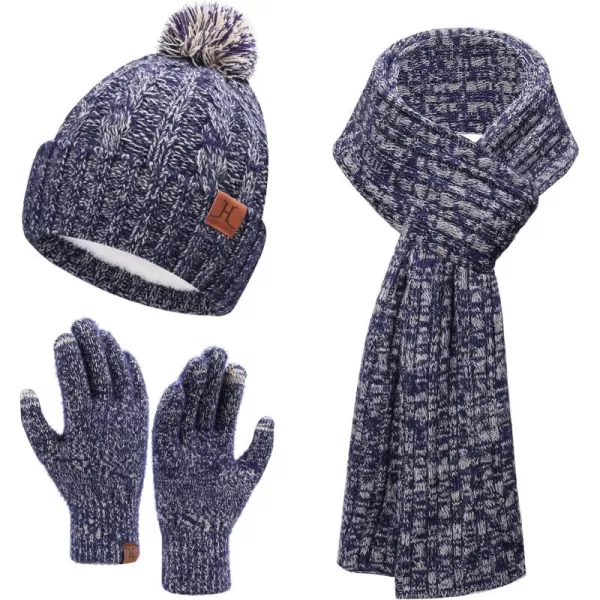 Womens Winter Warm Beanie Hat Touchscreen Gloves Long Scarf Set Ribbed Cable Knit with Fleece Lined Skull Pom CapsNavy Brown