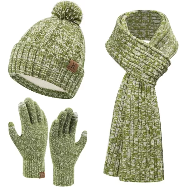 Womens Winter Warm Beanie Hat Touchscreen Gloves Long Scarf Set Ribbed Cable Knit with Fleece Lined Skull Pom CapsOlive Green