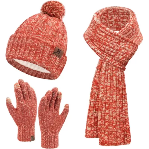 Womens Winter Warm Beanie Hat Touchscreen Gloves Long Scarf Set Ribbed Cable Knit with Fleece Lined Skull Pom CapsOrange