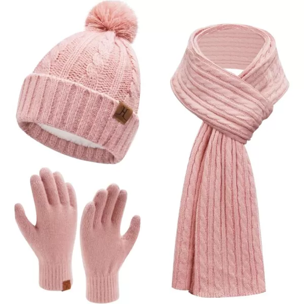 Womens Winter Warm Beanie Hat Touchscreen Gloves Long Scarf Set Ribbed Cable Knit with Fleece Lined Skull Pom CapsPink