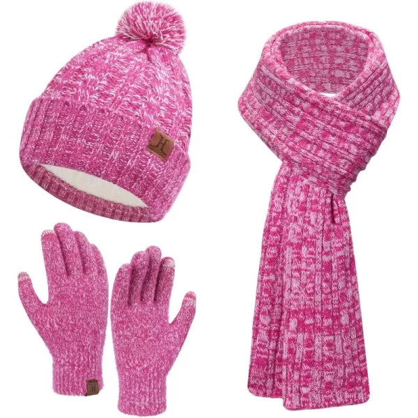 Womens Winter Warm Beanie Hat Touchscreen Gloves Long Scarf Set Ribbed Cable Knit with Fleece Lined Skull Pom CapsRose Red
