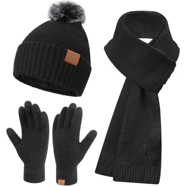 Womens Winter Warm Knit Beanie Hat Long Scarf Touchscreen Gloves Set with Fleece Lined Pom Skull Cap Gifts for WomenEblack
