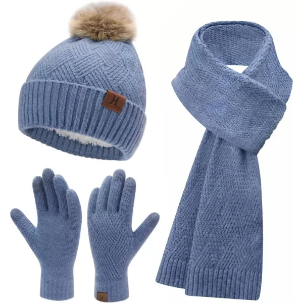 Womens Winter Warm Knit Beanie Hat Long Scarf Touchscreen Gloves Set with Fleece Lined Pom Skull Cap Gifts for WomenEdenim Blue