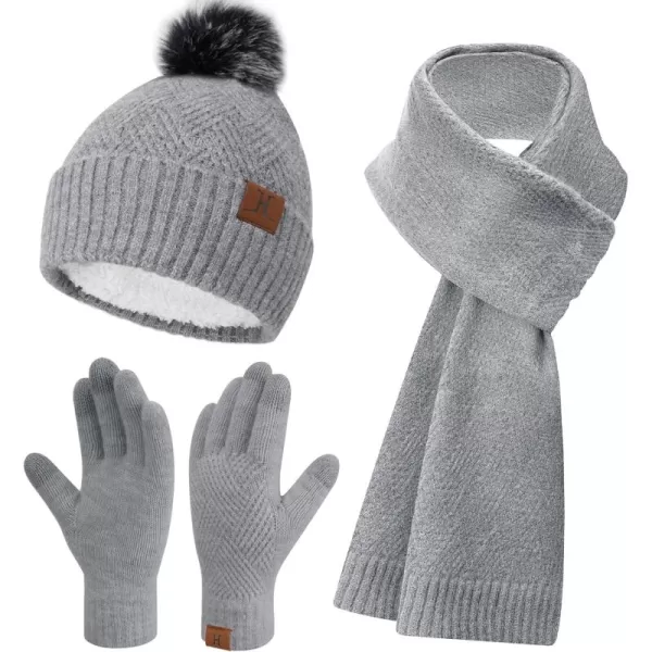 Womens Winter Warm Knit Beanie Hat Long Scarf Touchscreen Gloves Set with Fleece Lined Pom Skull Cap Gifts for WomenEgrey