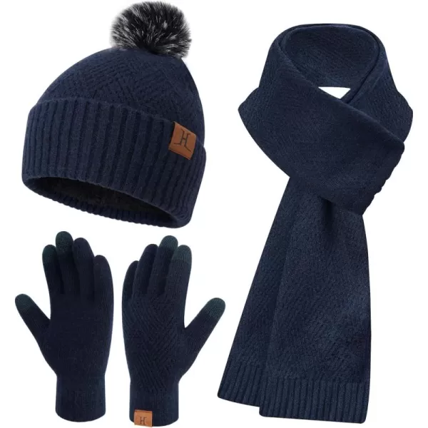 Womens Winter Warm Knit Beanie Hat Long Scarf Touchscreen Gloves Set with Fleece Lined Pom Skull Cap Gifts for WomenEnavy Blue