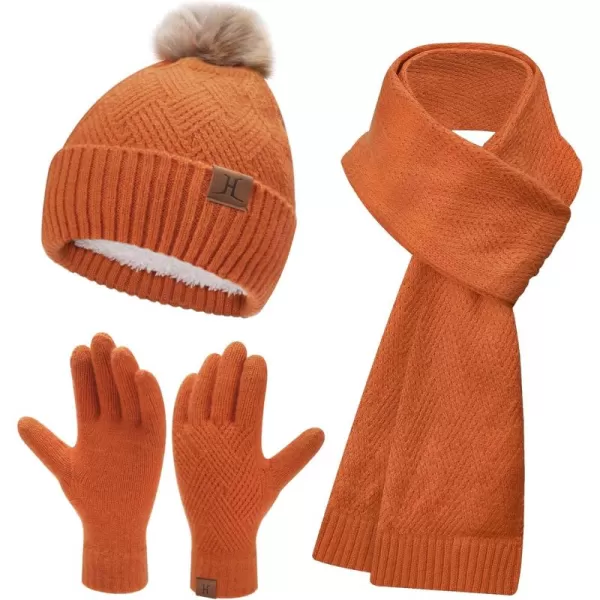 Womens Winter Warm Knit Beanie Hat Long Scarf Touchscreen Gloves Set with Fleece Lined Pom Skull Cap Gifts for WomenEorange